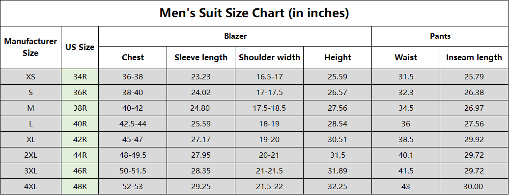 Mens suit jacket size chart discount