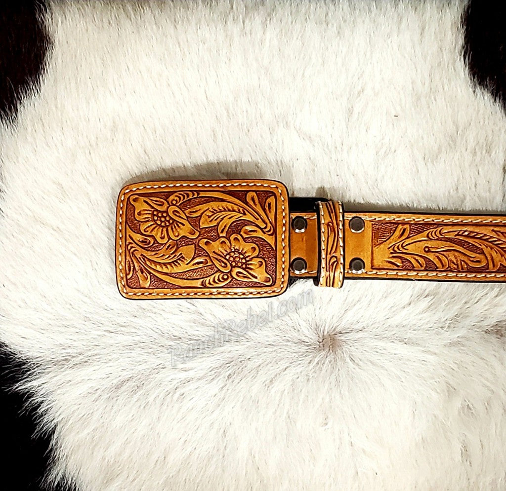 Tooled Leather Belt & Bucklet Set in Mustard #5120