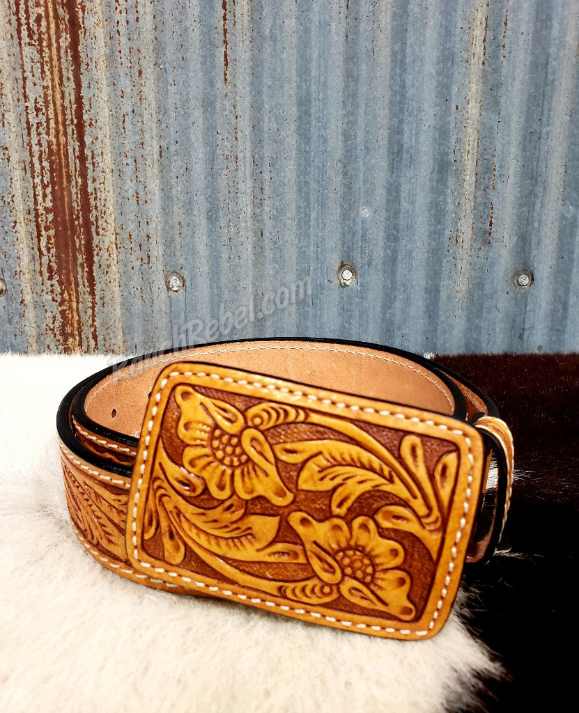 Tooled Leather Belt & Bucklet Set in Mustard #5120