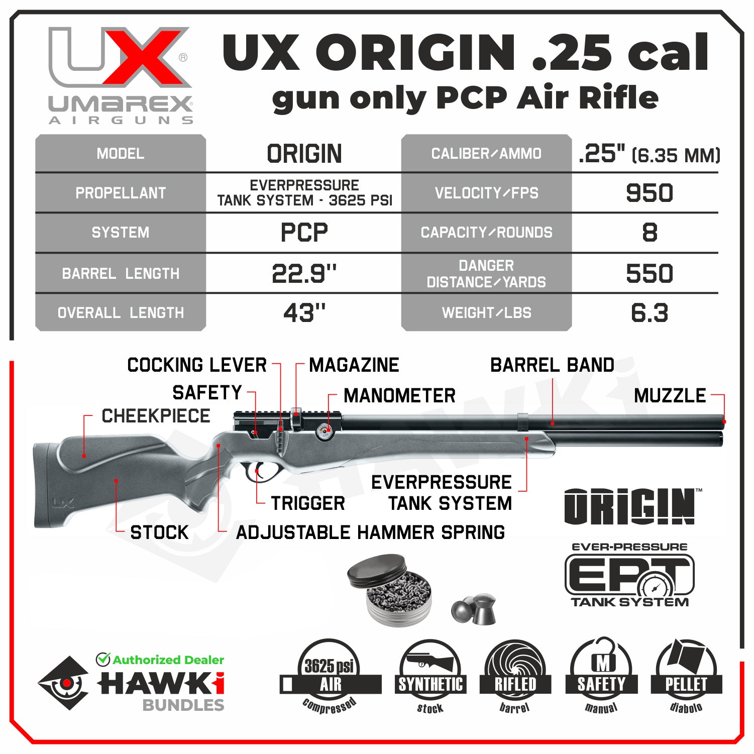 Umarex Origin PCP .25 Caliber Pellet Gun Air Rifle (2251390) with Pack of 150x .25 Caliber Pellets Bundle