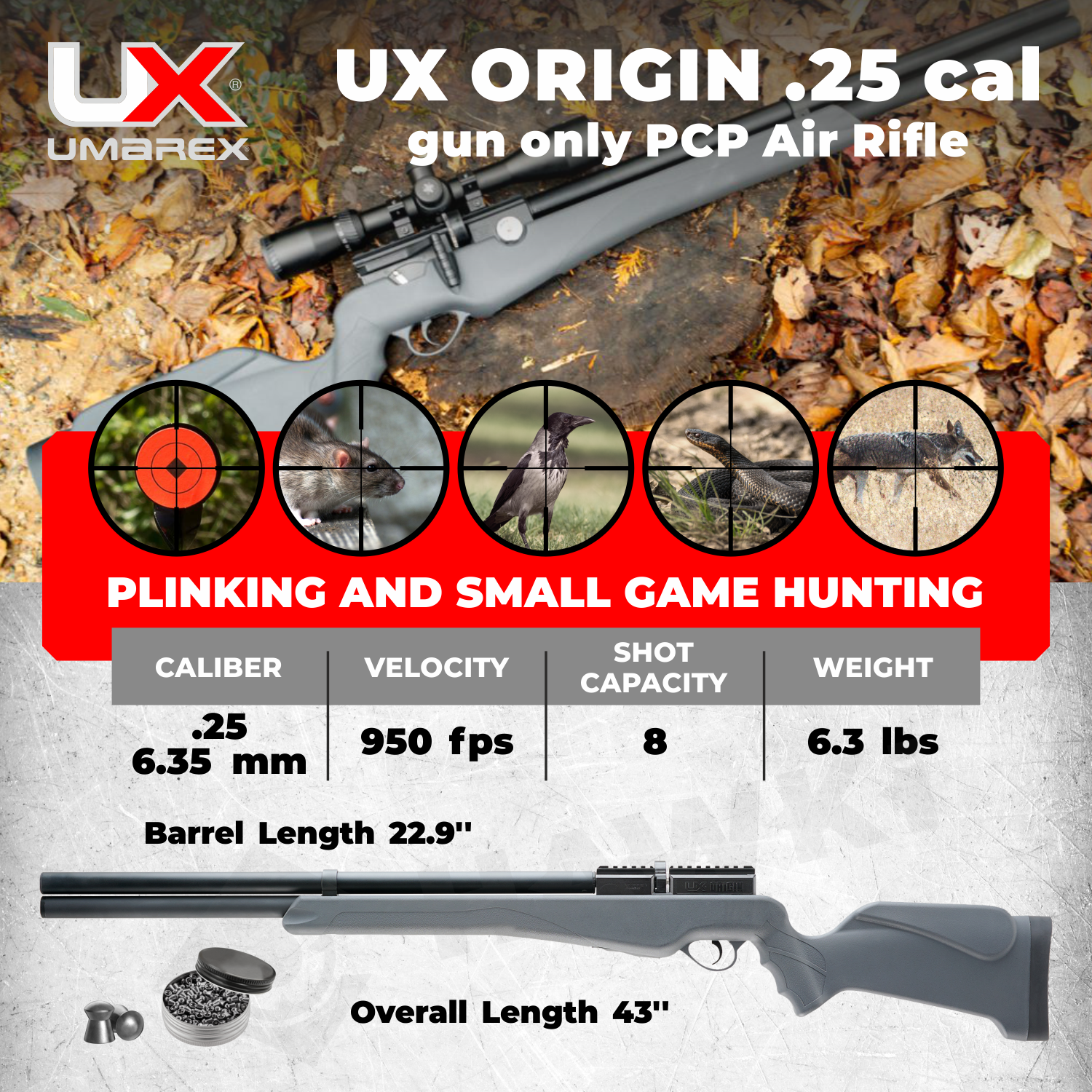Umarex Origin PCP .25 Caliber Pellet Gun Air Rifle (2251390) with Pack of 150x .25 Caliber Pellets Bundle