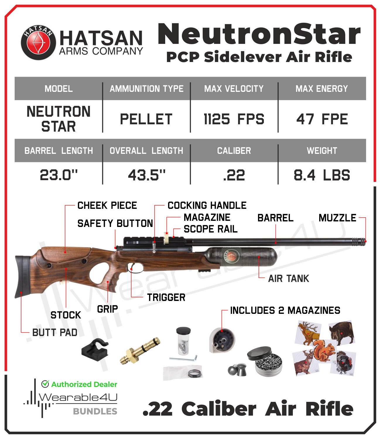 Hatsan NeutronStar PCP .22 Cal Air Rifle with Pack of 250ct Pellets and 100x Paper Targets Bundle