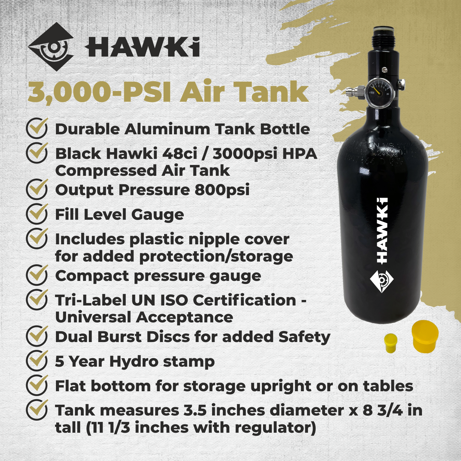 Hawki Hi-48ci3K-AT Aluminum HPA Tank - 48/3000 High Pressure Refillable Air Tank Systems for Paintball Standard Regulator