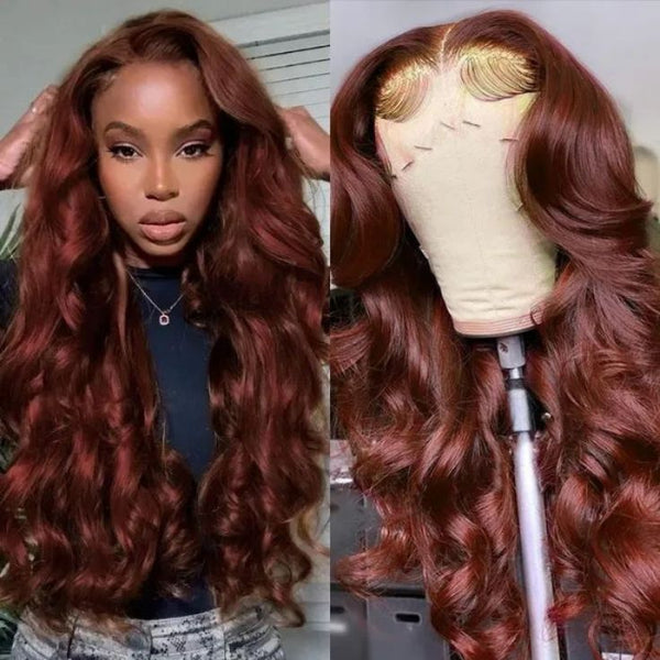 Klaiyi Hair Brunette Auburn Copper 13x4 Lace Frontal Wig Body Wave Virgin Human Hair Reddish Brown Color