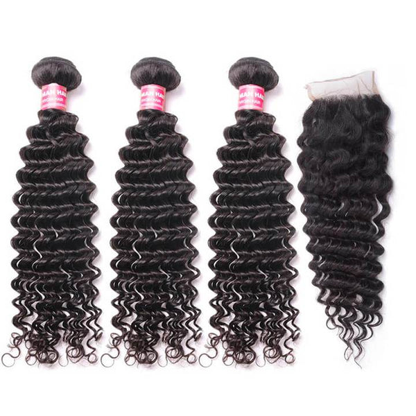 Brazilian Deep Wave 3 Bundles with 4x4 Lace Closure