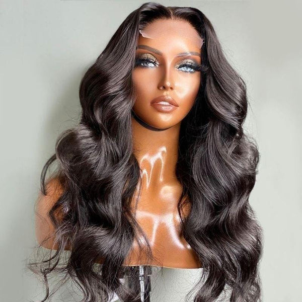 Klaiyi 100% High Quality Virgin Human Hair Body Wave Wigs Lace Part Wig Natural Black Hair Wigs