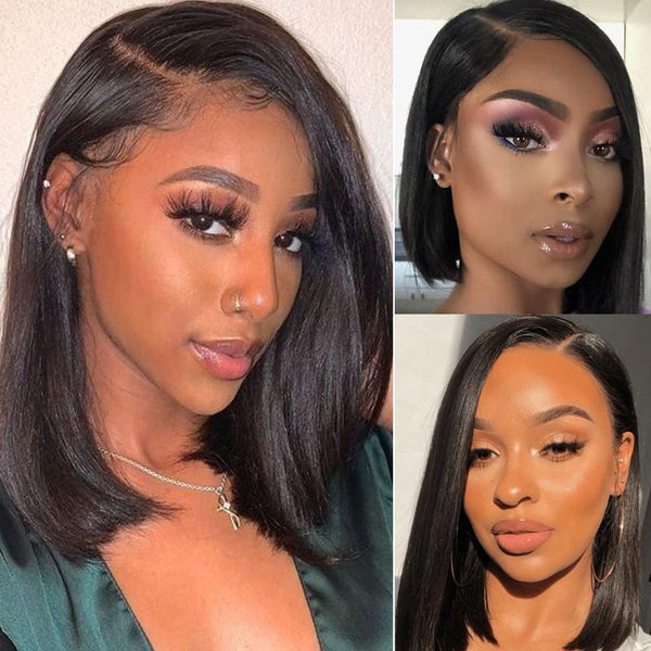 Klaiyi Asymmetrical Bob Wigs Blunt Haircuts Lace Front Wigs with Side Part Perfect For Any Face Shapes