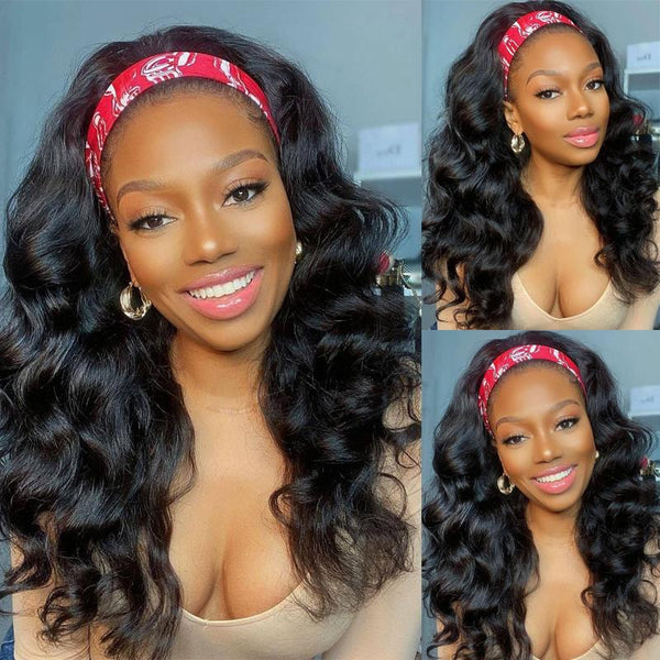 Klaiyi Body Wave Headband Wig Glueless Human Hair Wigs With Pre-attached Scarf Half Wig 150% Density