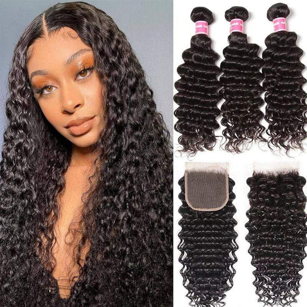 Klaiyi Brazilian Deep Curly Wave 3 Bundles with 4x4 Swiss Lace Closure 100% Virgin Human Hair