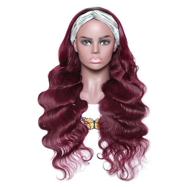 Klaiyi Chic 1B99J Burgundy Color Body Wave Headband Wigs Glueless Human Hair Wigs 150% Density