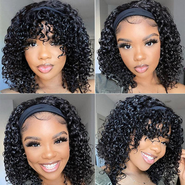 Klaiyi Curly Headband Wig with Bangs Free Human Hair Wigs With Various Kinds Of Hairstyles