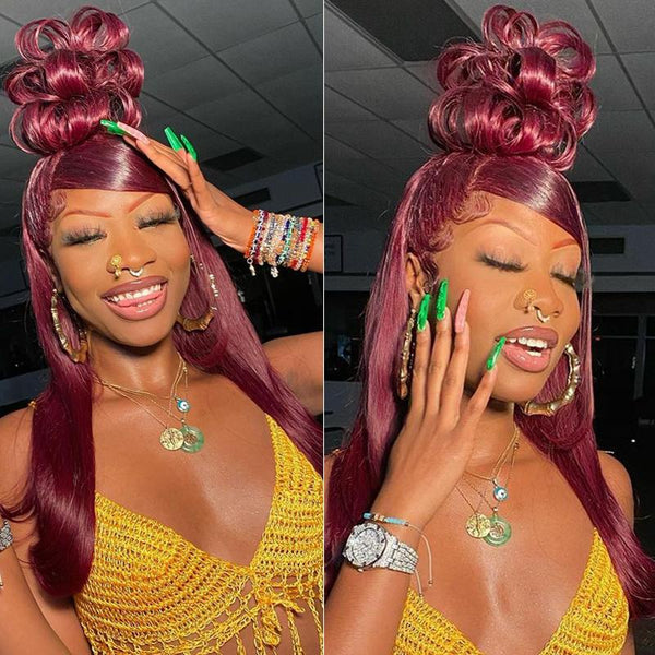 Klaiyi Dark 99J Burgundy Color 13x4 HD Lace Front Wigs Pre Plucked Long Straight Virgin Human Hair Wigs
