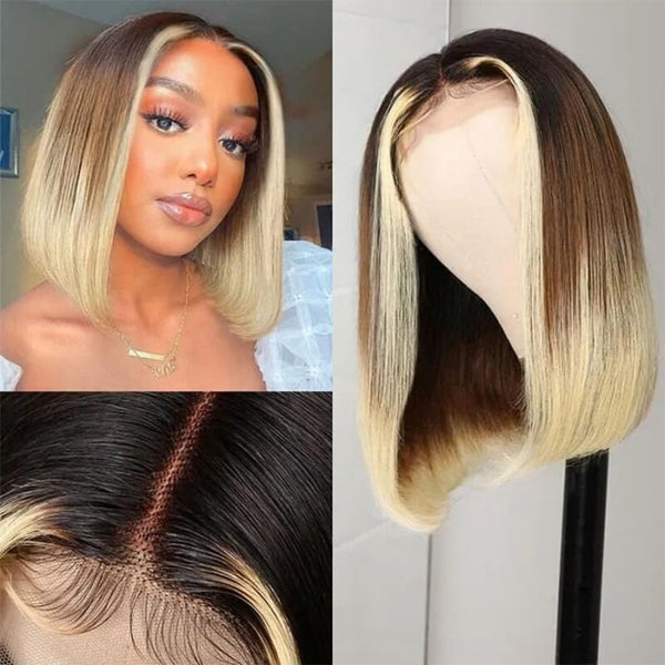 Klaiyi Dark Roots T1b4613 Ombre Color Bob Wigs 4x4 Hand Tied Lace Part Human Hair Wigs