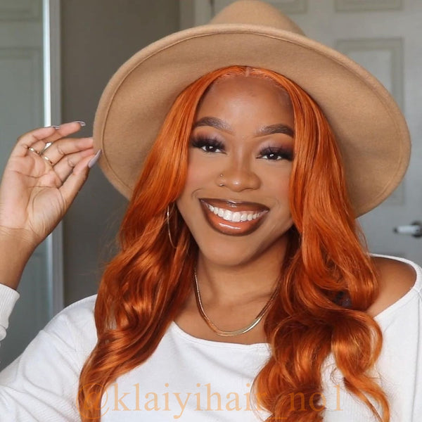 Klaiyi Ginger Orange Colored Body Wave Human Hair Lace Wigs Cinnamon Fall Color Wigs Pre Plucked With Baby Hair