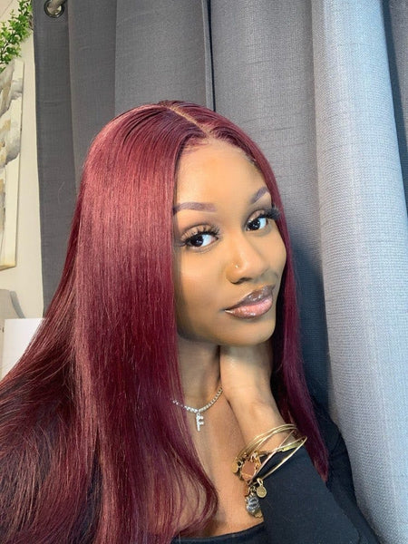 Klaiyi Hair 99J Straight Wig Hand Tied Lace Part Wigs Popular and Best Wig For Black Woman