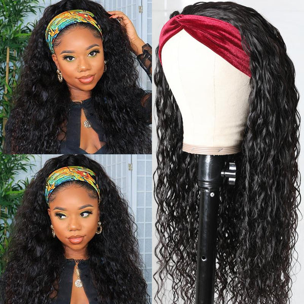 Klaiyi Headband Water Wave Wig With Pre-attached Scarf 180% Density Human Hair Wigs