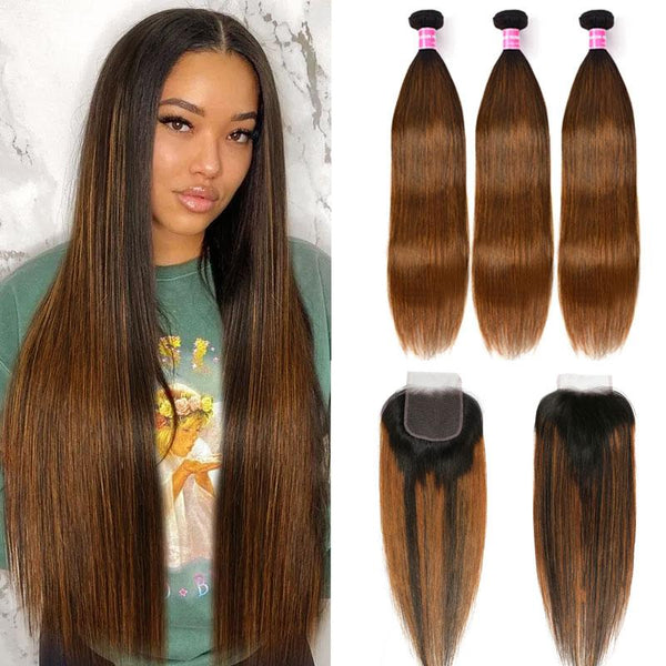Klaiyi Ombre Balayage Highlights Lace Closure with 3 Bundles Bone Straight Virgin Human Hair Weave with Closure Free Part