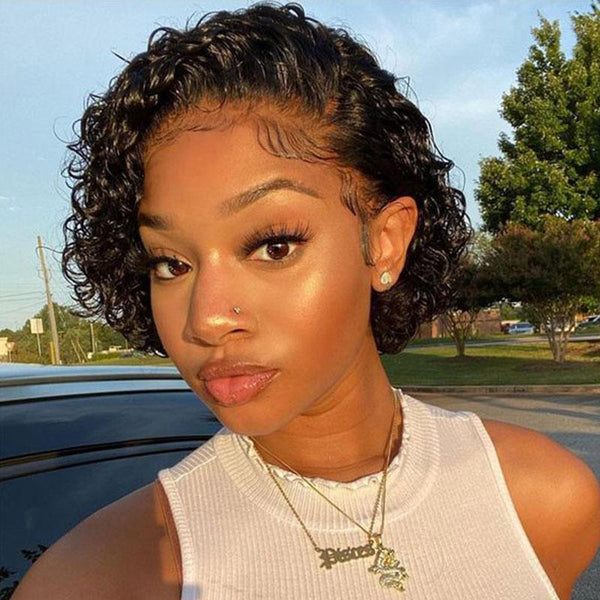 Klaiyi Short Bob Pixie Cut Lace Front Wig Virgin Human Hair Water Curly Pre Plucked Bleached Knots