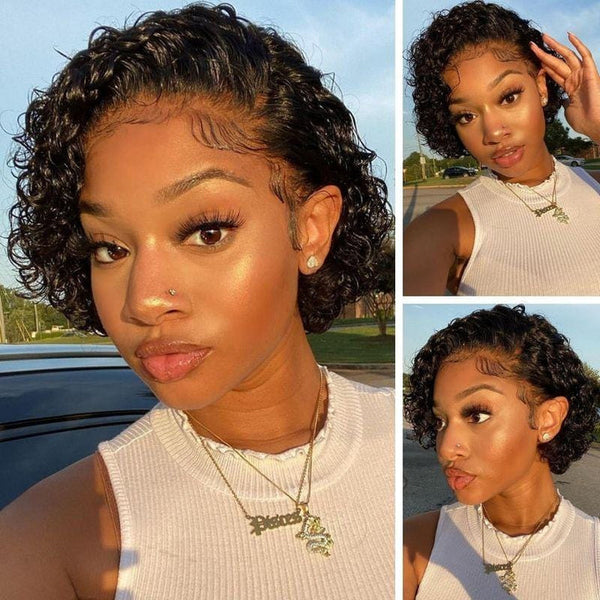 Klaiyi Short Pixie Cut Lace Front Bob Wigs Virgin Human Hair Water Curly Hair Wigs