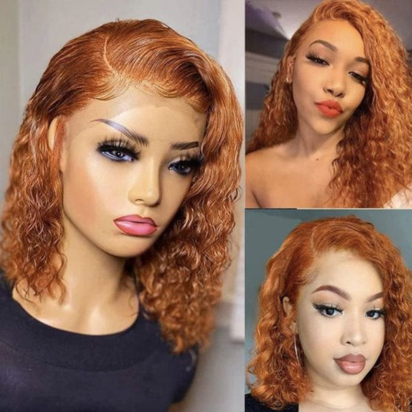 Klaiyi Water Wave Lace Front Wig 13x5x1 T Part Orange Ginger Color 88J Human Hair Wet and Wavy