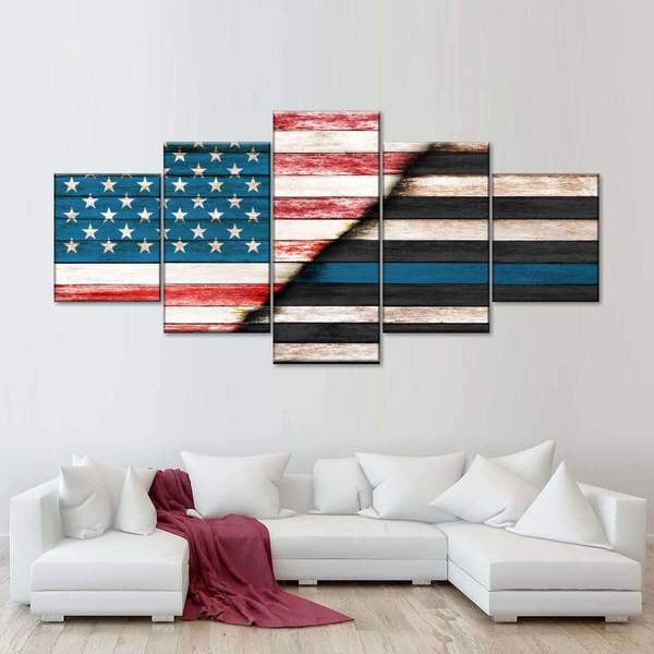 American Police Flag Patriotic Five Piece Canvas Wall Art Home Decor Multi Panel 5