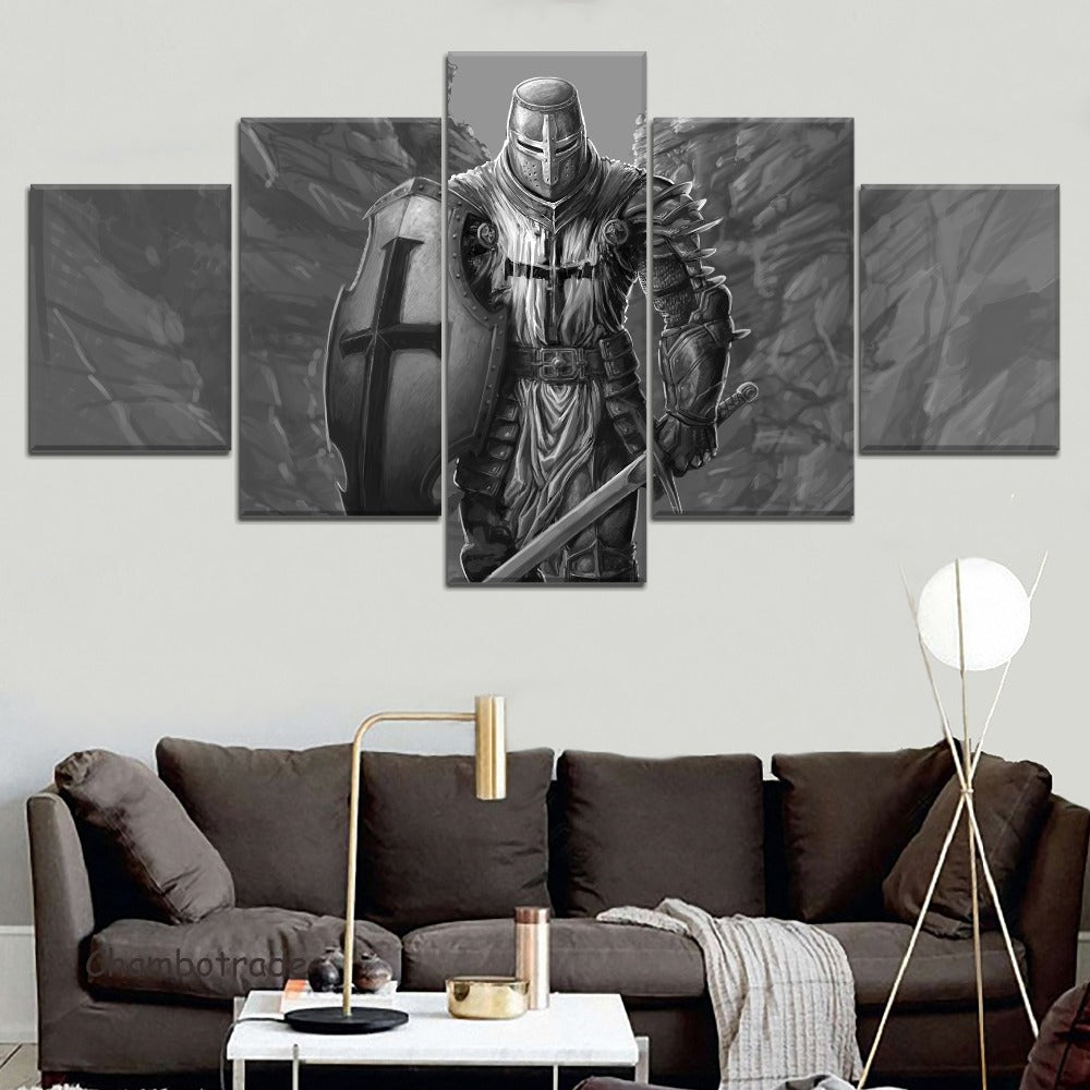 Knight Templar Medieval Black and White Five Piece Canvas Wall Art Home Decor Multi Panel