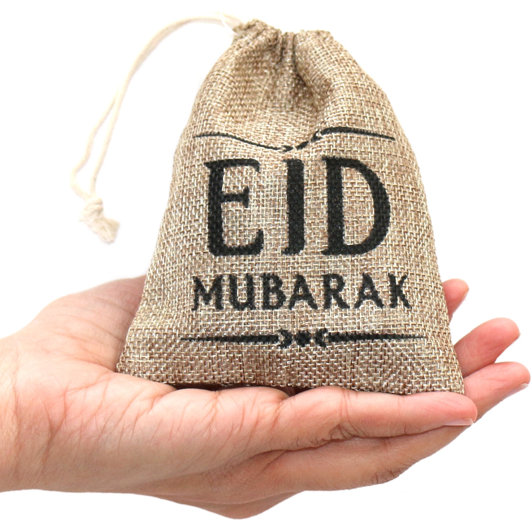 Pack of 6 Eid Mubarak Mini Hessian Pull String Gift Pouches (13x11cm)