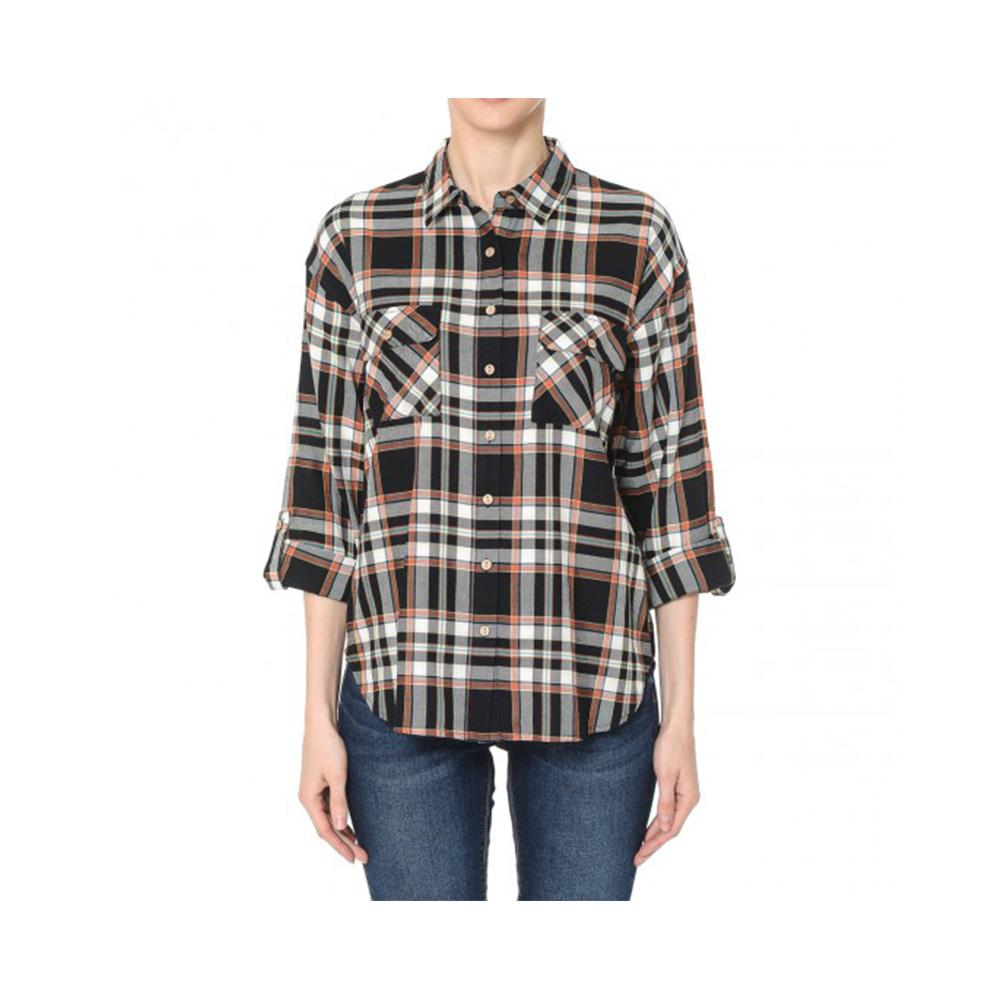 Jobber Double Flap Pocket Button-up Plaid Shirt with Roll-up Long Sleeves Black 72681