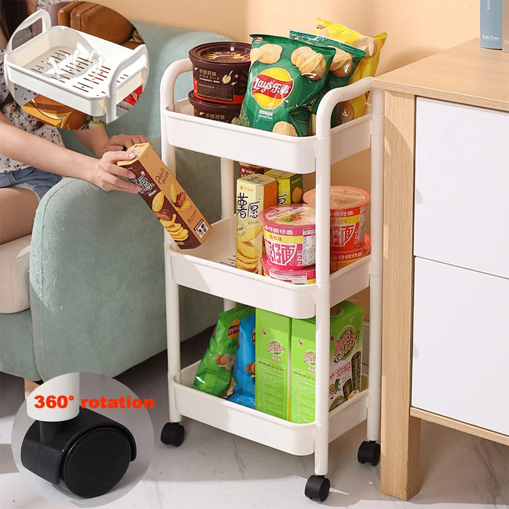 Bedroom Storage For 4 Kitchen Multi-functional Movable Plastic Wheels Trolley Storage Cart With Organizer Rolling 3-tier Utility
