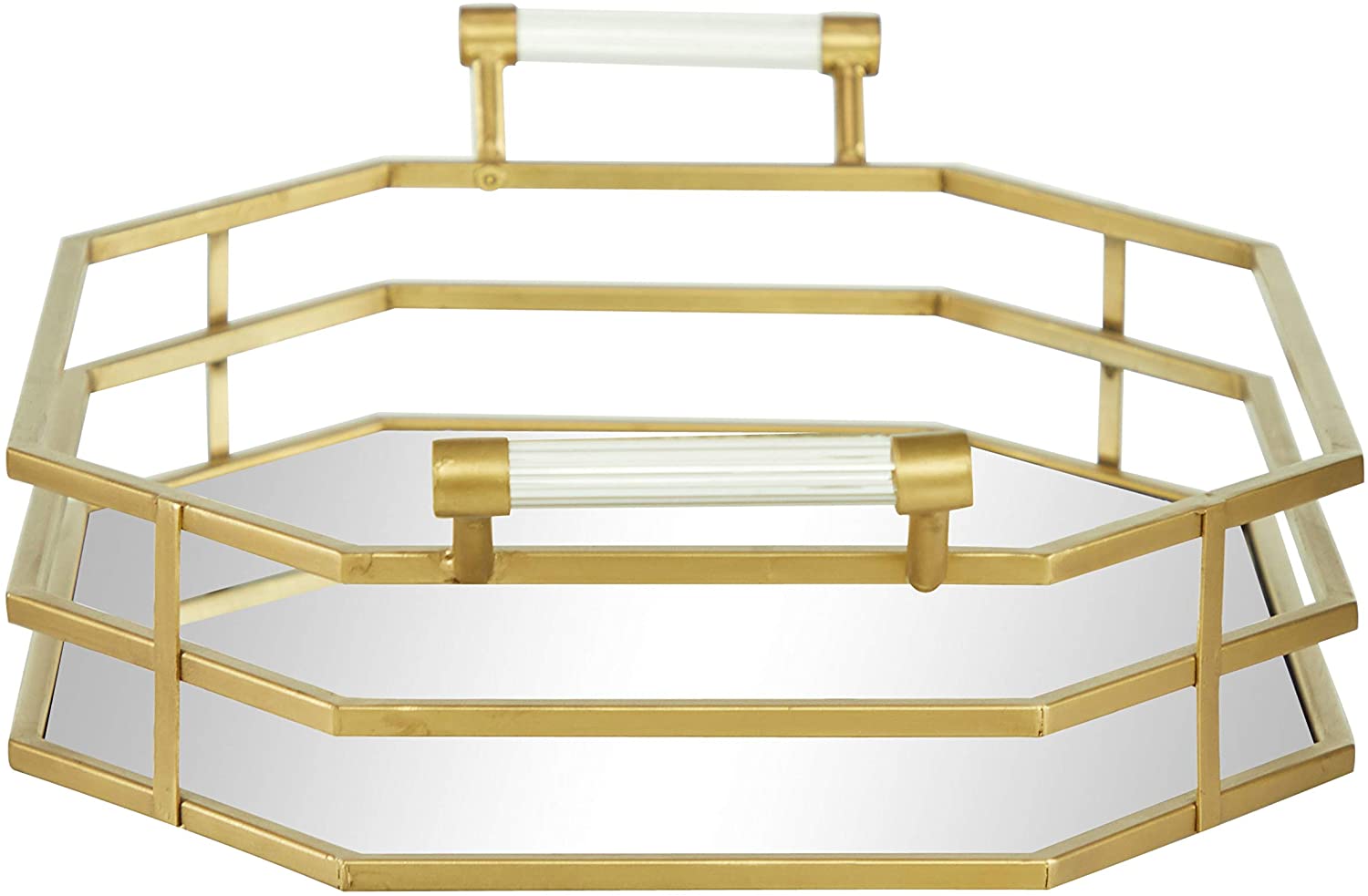 Unknown1 Stretched Octagon Gold Metal Framed Tray Mirrored Base Clear Handles 28