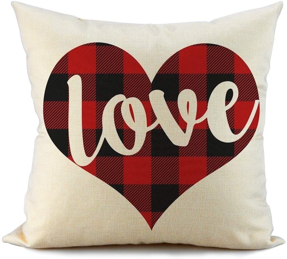 Red Black Buffalo Check Plaid Love Pillow Covers Color Graphic Casual Linen