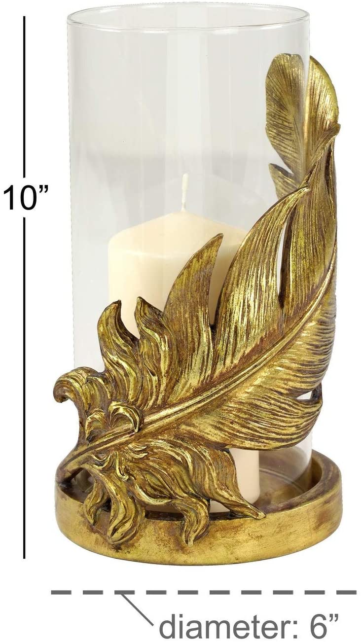 UKN Large Metallic Gold Feather Candle Holder Hurricane Glass 6