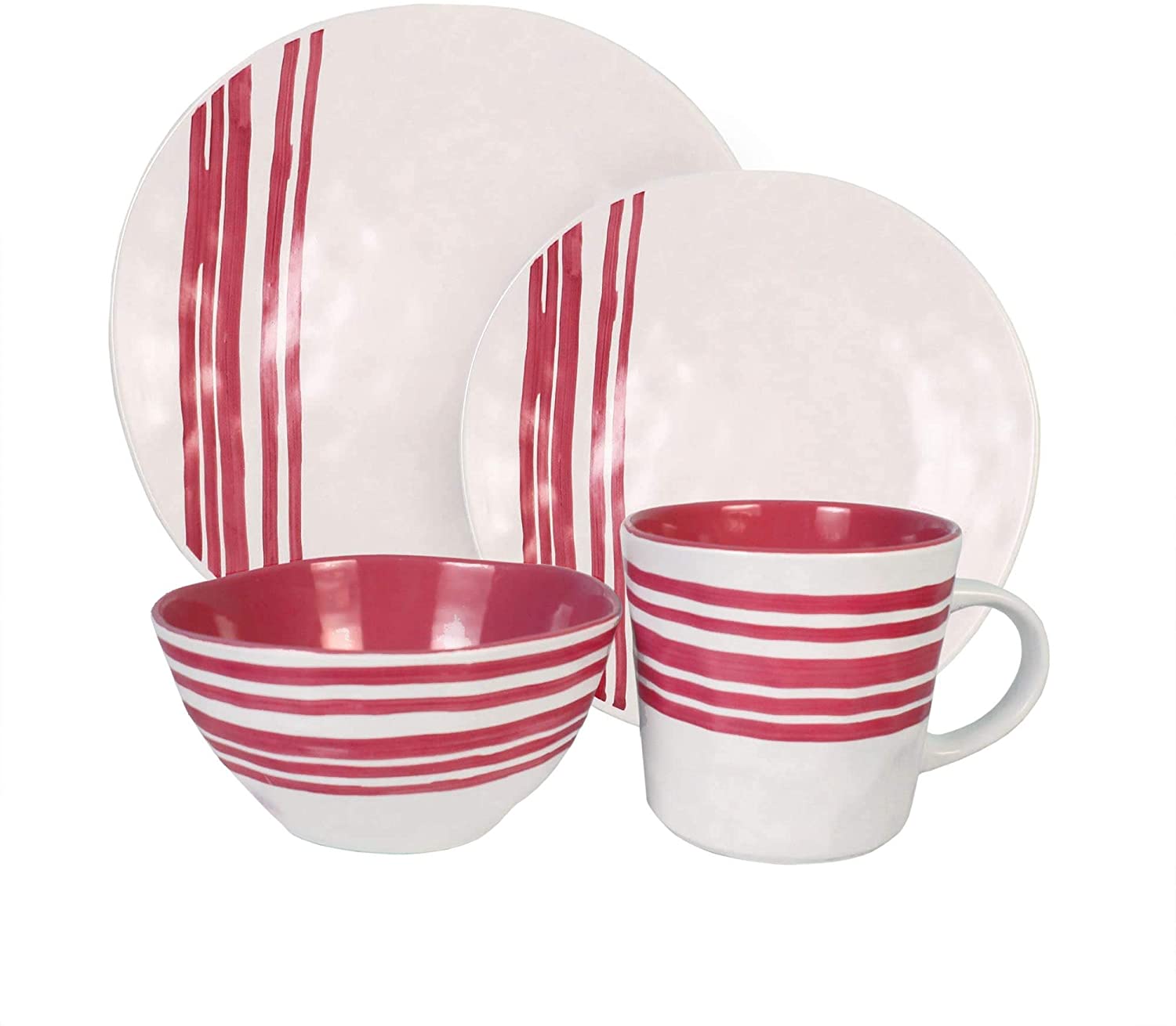 Unknown1 Bistro Red 16 Piece Dinnerware Set Color Geometric Casual Round Stoneware Microwave Safe