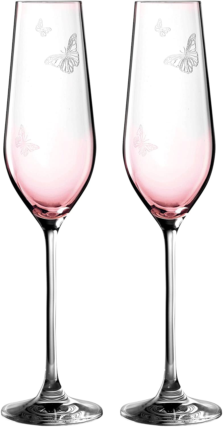 Unknown1 Stemware Pink Flute Glasses Set 2 Clear Crystal Piece