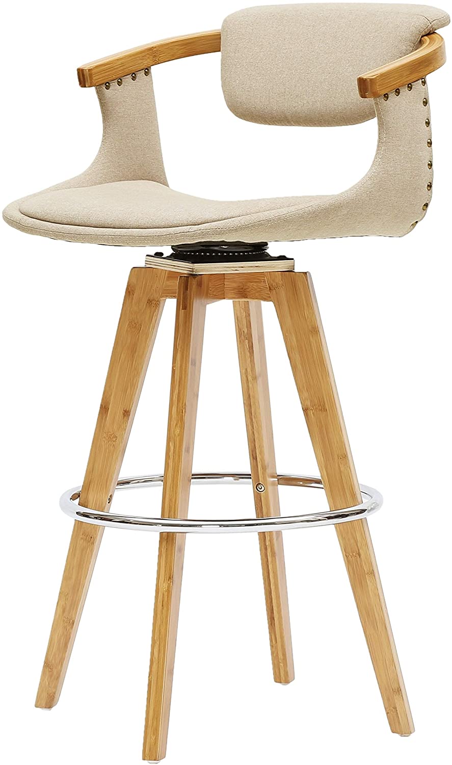 MISC Fabric Bamboo Bar Stool Beige Transitional Natural Finish Footrest Nailheads Swivel