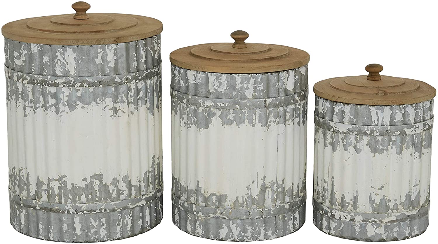 UKN Round Distressed White Galvanized Metal Textured Canisters Wood Lid Set 3 9