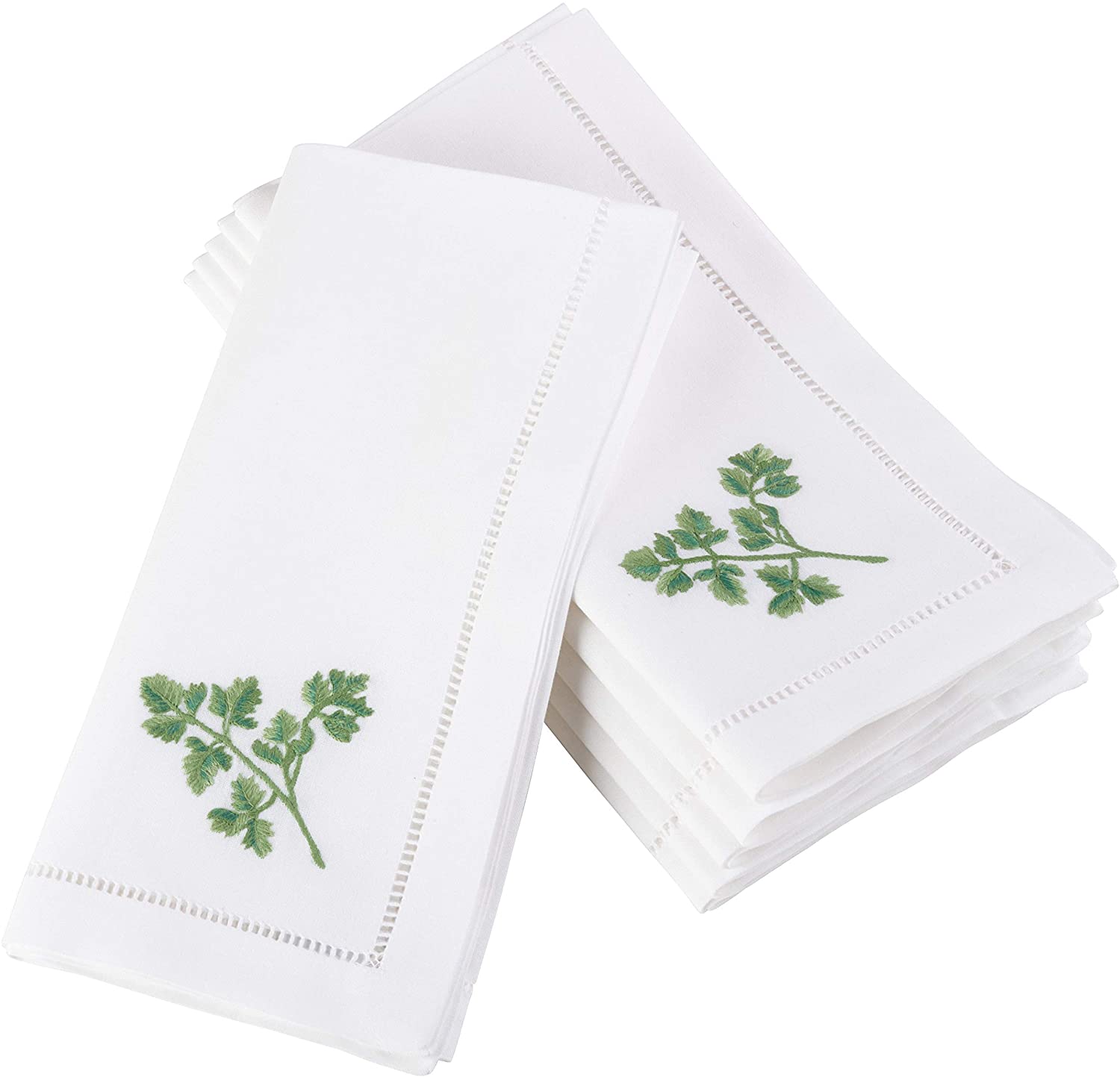 Unknown1 Parsley Embroidered Hemstitched Cotton Napkin (Set 6) White Solid Country Farmhouse Rustic Square