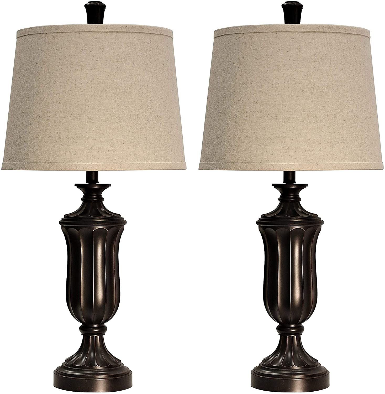 Bronze Wood Table Lamp Beige Hardback Fabric Shade (Set 2) Brown Transitional