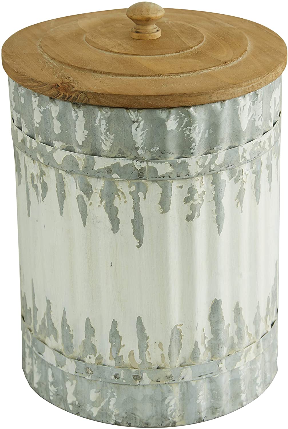 UKN Round Distressed White Galvanized Metal Textured Canisters Wood Lid Set 3 9