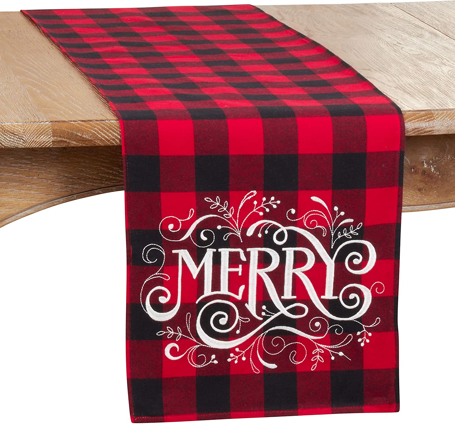 UKN Buffalo Plaid Table Runner Merry Design Red Cotton Blend