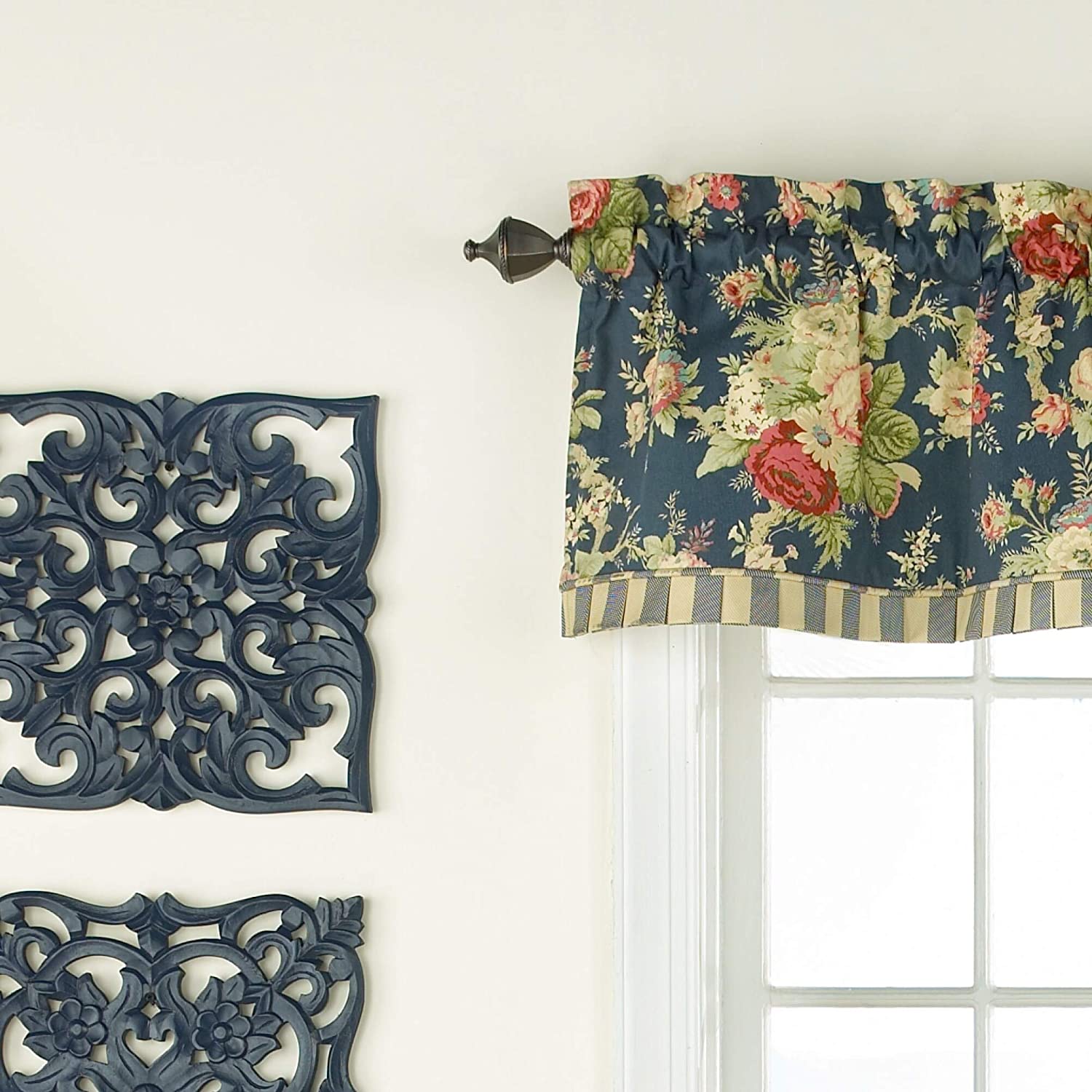 Rose Floral Window Valance 52x16 Blue Color Casual Farmhouse Traditional 100% Cotton Lined