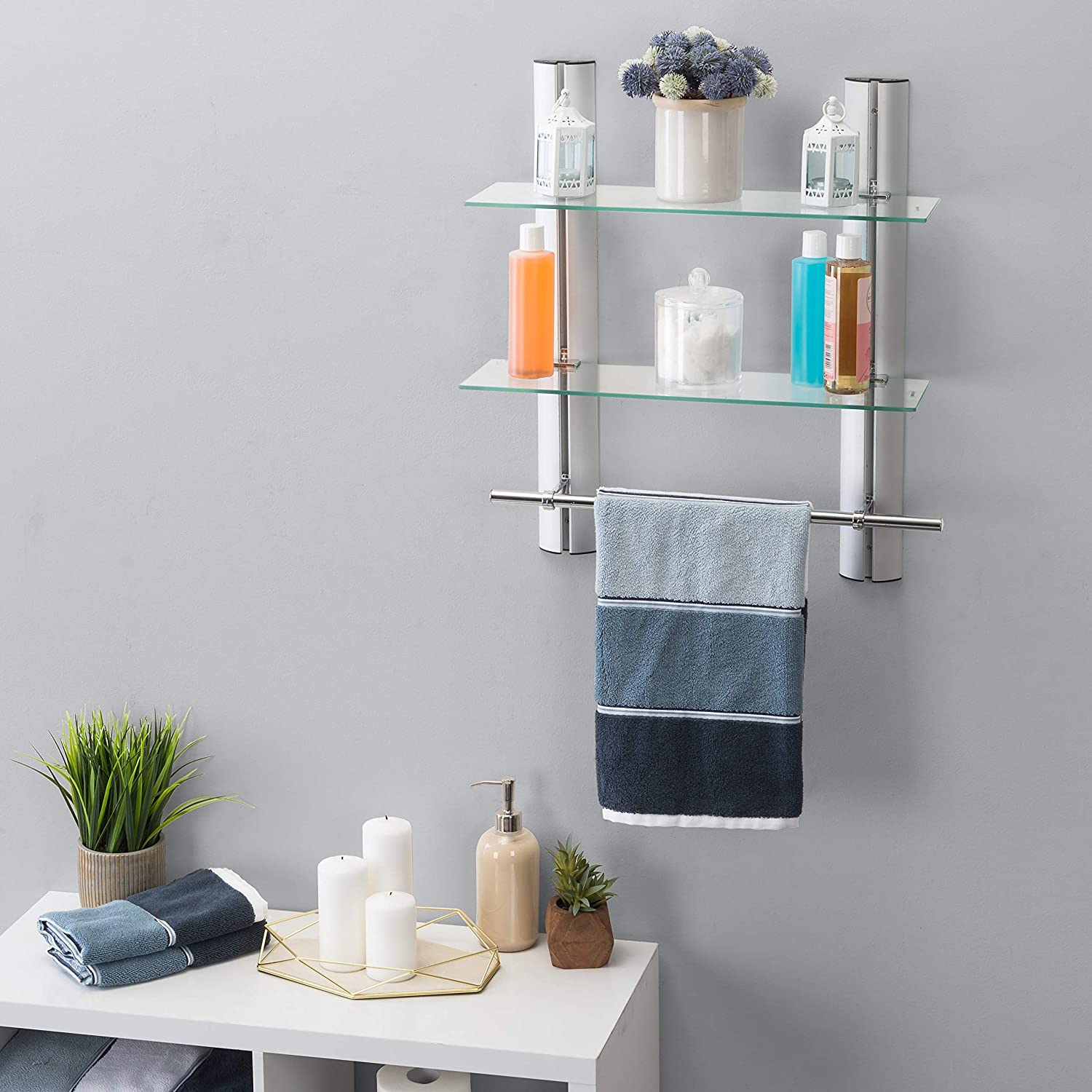 UKN 2 Tier Adjustable Glass Shelf Frame Towel Bar Silver Brushed Includes Hardware