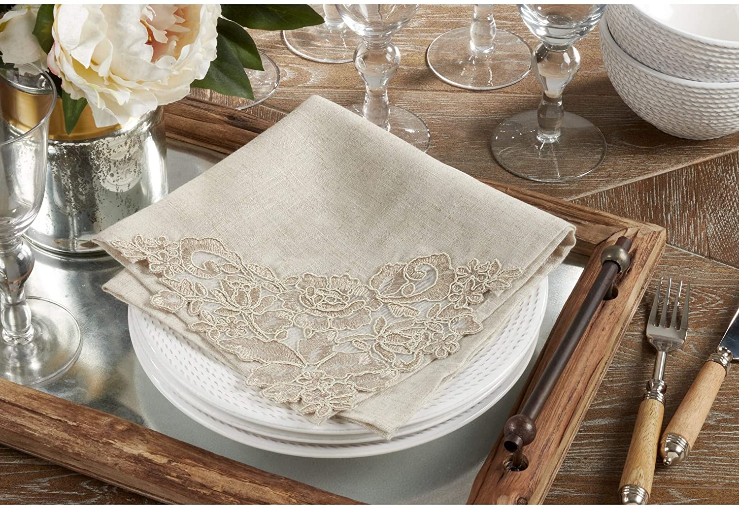 MISC Table Napkin Placemat Set Lace Embroidered Design (1 Placemat Napkin) Tan Oblong Square Polyester