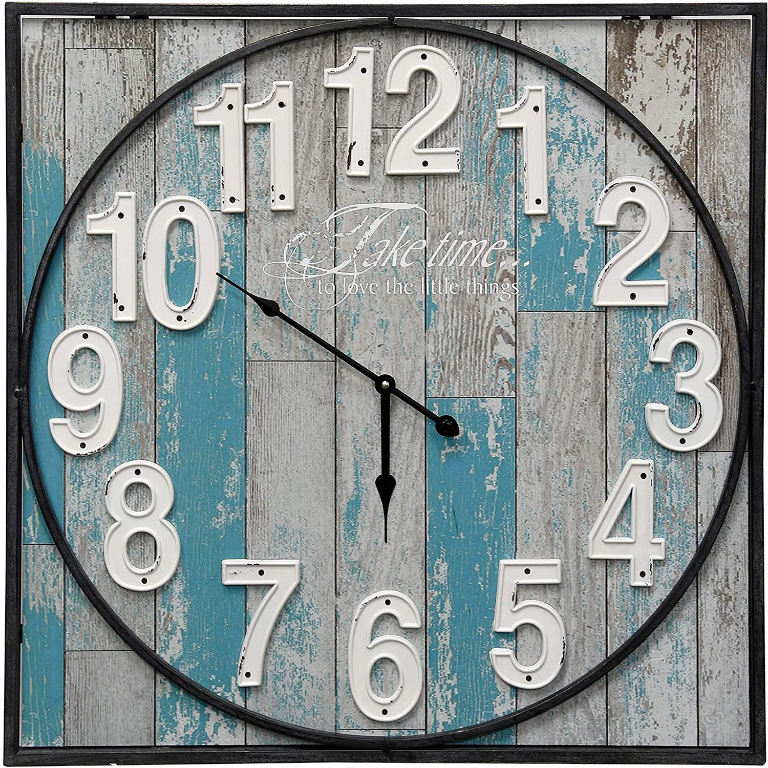 NA Weathered Matte Square Framed Take Time Wall Clock Metal Detail Grey Wood