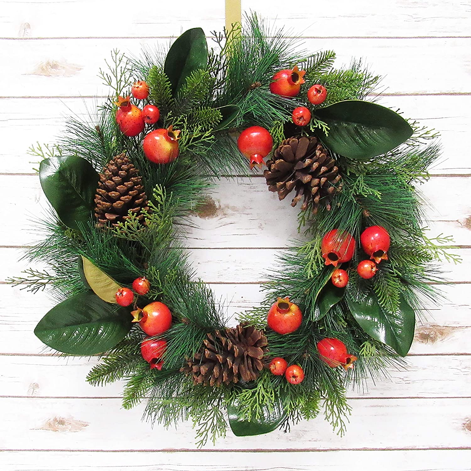 Mixed Pomegranate Pine Cone Magnolia Leaf Wreath 24in Red Green 24