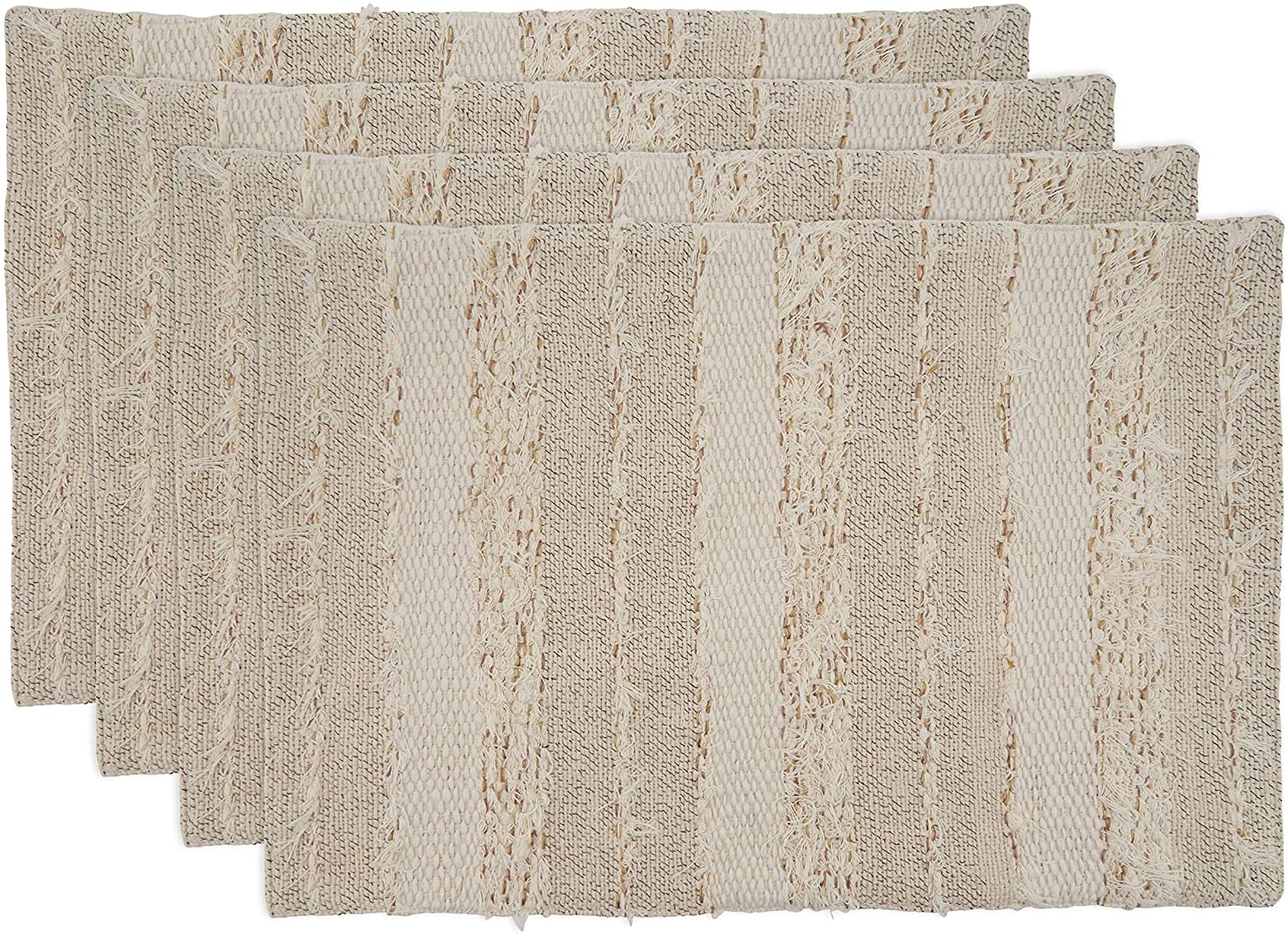 Unknown1 Placemats Fringe Stripe Design (Set 4) Off White Oblong Cotton