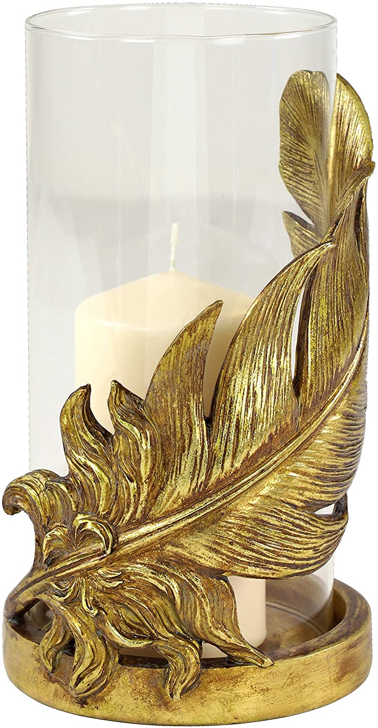 UKN Large Metallic Gold Feather Candle Holder Hurricane Glass 6