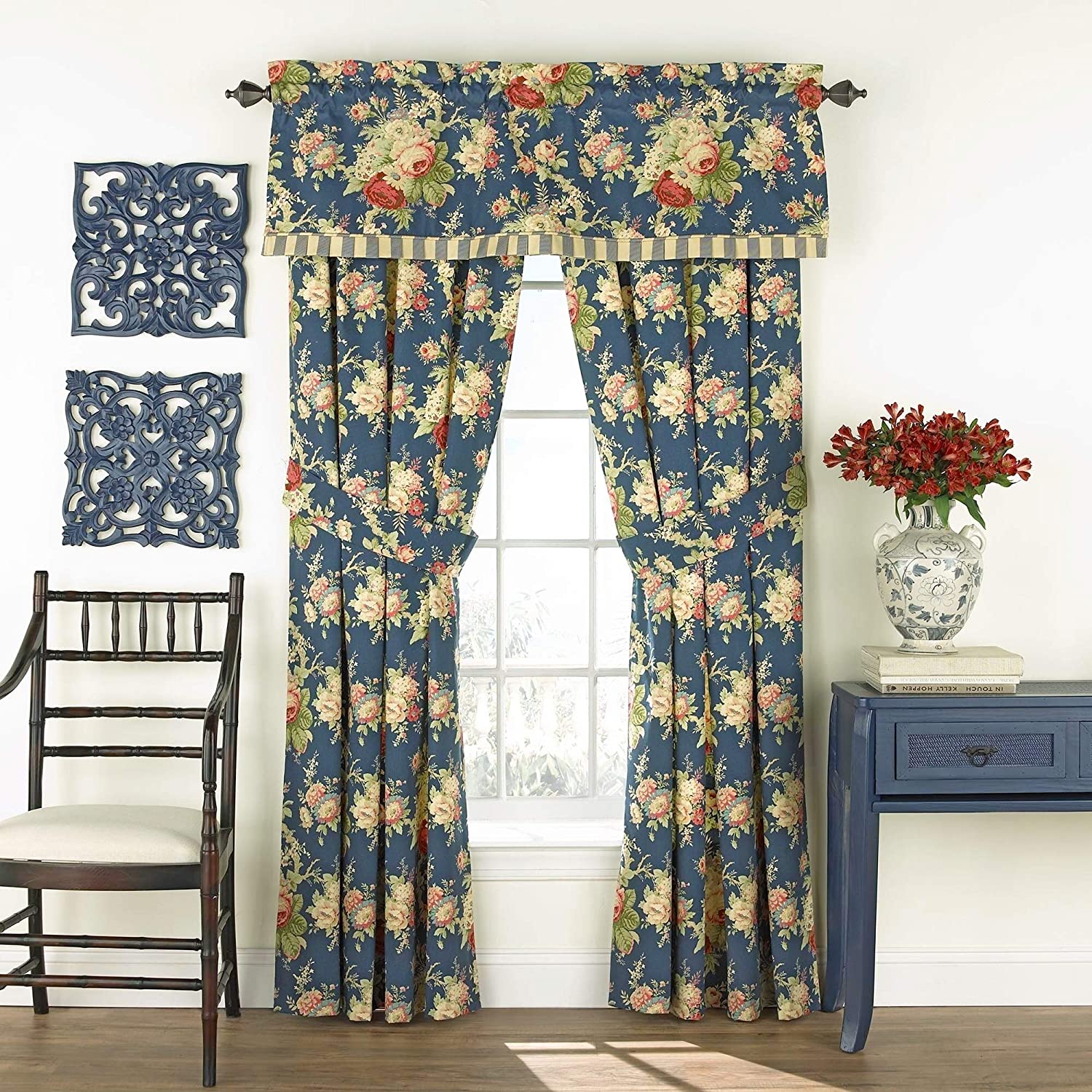 Rose Floral Window Valance 52x16 Blue Color Casual Farmhouse Traditional 100% Cotton Lined