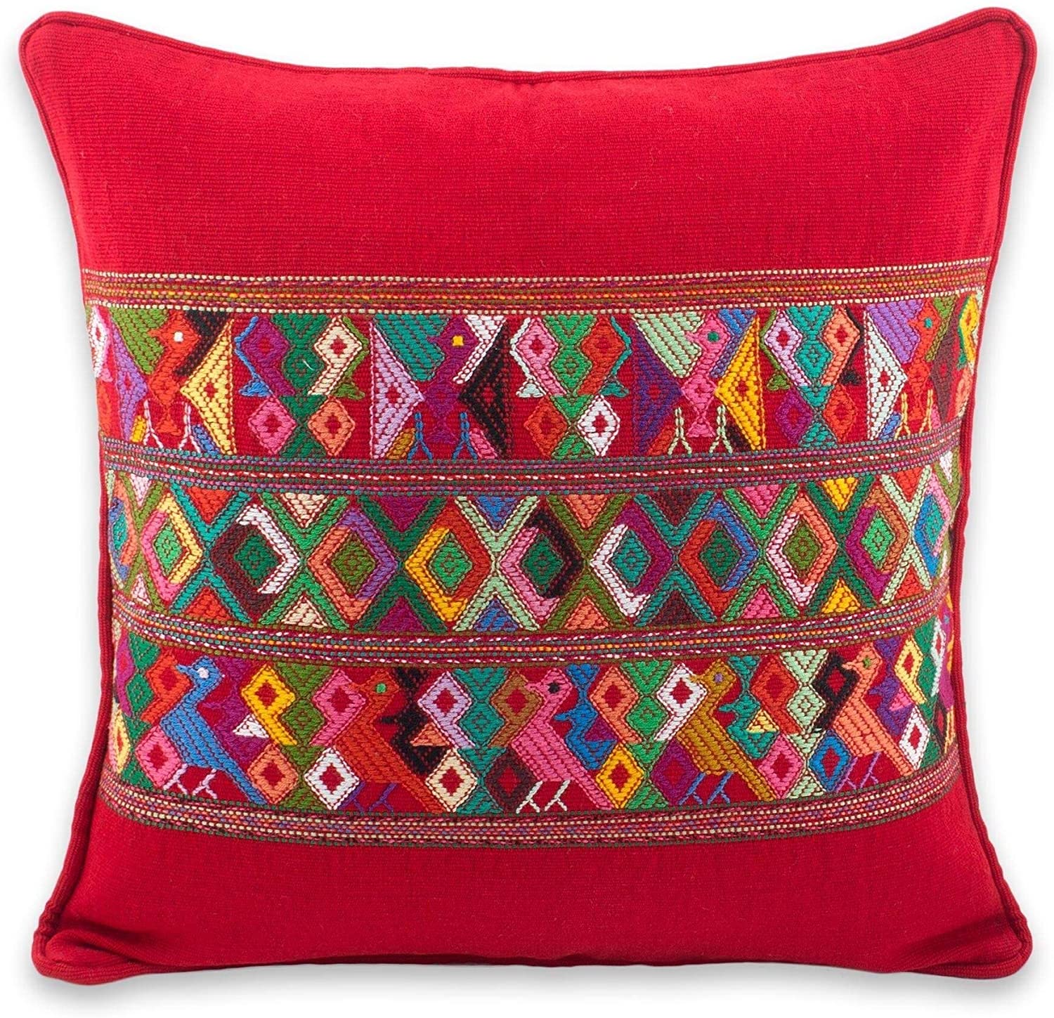 Handmade Cotton Cushion Cover Red Birds (Guatemala) Color Abstract Bird Traditional