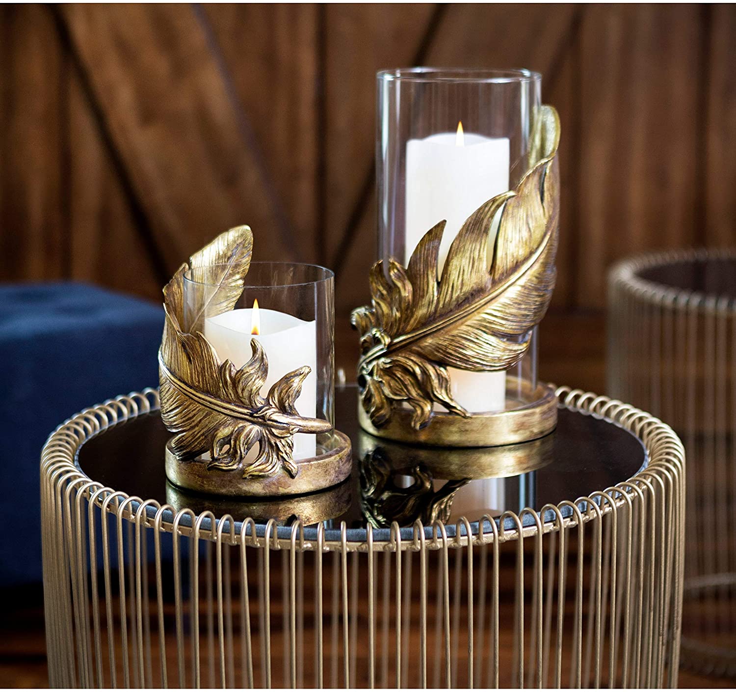 UKN Large Metallic Gold Feather Candle Holder Hurricane Glass 6